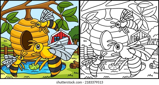 Bee Coloring Page Colored Illustration