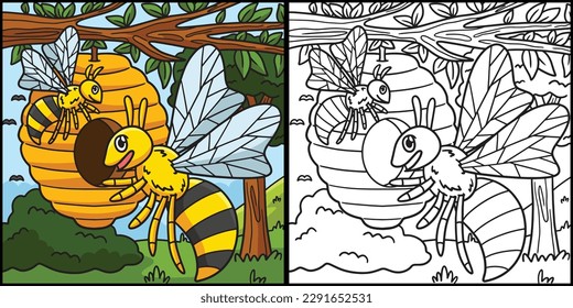 Bee Coloring Page Colored Illustration