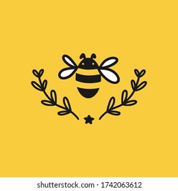 Bee concepts logo vector graphic. Black bee with white wings and two branches on a yellow background. Vector illustration. 