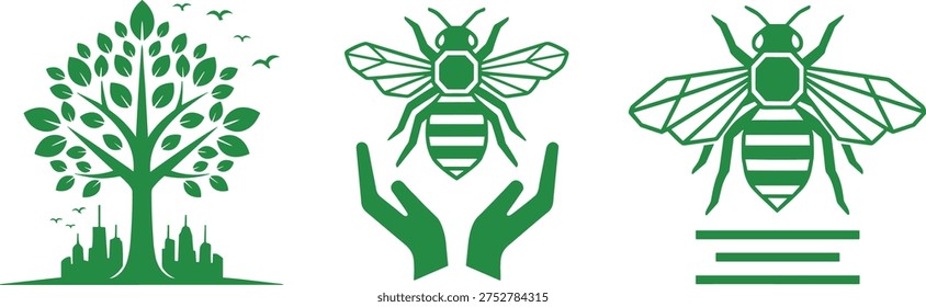 Bee conservation eco icons set, honey bee protection nature environment symbols collection, green ecology pollination vector illustration