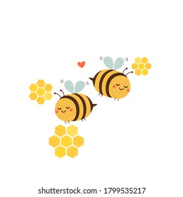 Bee couple with abstract honeycomb isolated on white background vector illustration. Funny cartoon character.