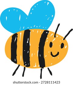 Bee crayon sketch icon. Cartoon cute smile insect fly. Doodle wild fauna. Kids hand drawing. Childish art. Vector chalk illustration isolated on white background