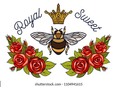 Bee crown flowers embroidery patch roses red. Honey bee bumblebee floral leaf wings Insect embroidery. Hand drawn vector illustration