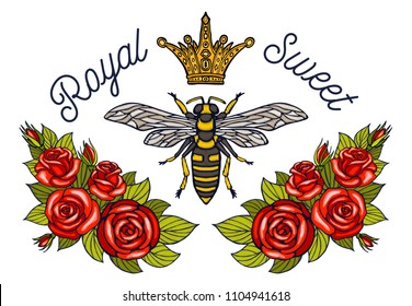 Bee crown flowers embroidery patch roses red. Wasp honey bee bumblebee floral leaf wings Insect embroidery  t shirt fashion. Hand drawn vector illustration