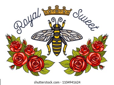 Bee crown flowers embroidery patch roses red. Wasp honey bee bumblebee floral leaf wings Insect embroidery  t shirt fashion. Hand drawn vector illustration