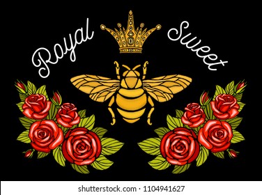 Bee crown flowers embroidery patch roses red. Wasp honey bee bumblebee floral leaf wings Insect embroidery  t shirt fashion. Hand drawn vector illustration