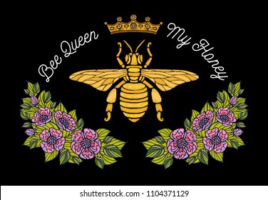Bee crown flowers embroidery patsh. Honey bee bumblebee floral leaf wings Insect embroidery. Hand drawn vector illustration