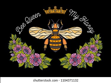 Bee crown flowers embroidery patsh. Honey bee bumblebee floral leaf wings Insect embroidery. Hand drawn vector illustration