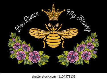 Bee crown flowers embroidery patsh. Honey bee bumblebee floral leaf wings Insect embroidery. Hand drawn vector illustration