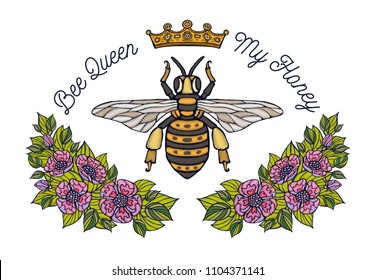 Bee crown flowers embroidery patsh. Honey bee bumblebee floral leaf wings Insect embroidery. Hand drawn vector illustration