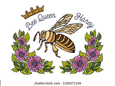 Bee crown flowers embroidery patsh. Honey bee bumblebee floral leaf wings Insect embroidery. Hand drawn vector illustration