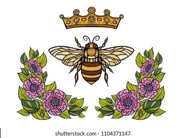 Bee crown flowers embroidery patsh. Honey bee bumblebee floral leaf wings Insect embroidery. Hand drawn vector illustration