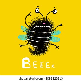 Bee cute fluffy doodle cartoon. Friendly funny insect bee flying. Vector illustration.