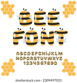 Bee Cute Font. Summer Bugs Alphabet. Kids Funny Letters and Numbers.