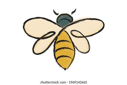 The bee is cute, painted with a brush, painted in trend colors, isolated on white. Apiary for the production of honey. Printing on decorative pillows, clothes. Vector graphics.