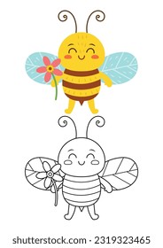 Bee cute vector illustration cartoon isolated on white background. Honey bee vector colored and colorless. Cute coloring page for kids. 
