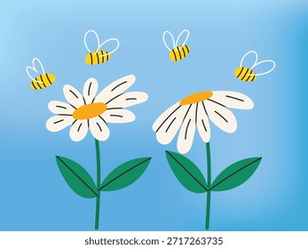 Bee and daisies cute doodle, aisy flower on blue background