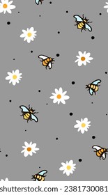 Bee and daisy hand drawn seamless pattern
