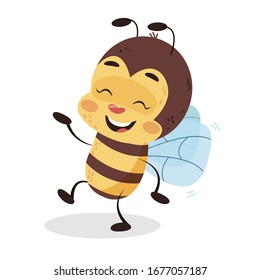Bee is dancing on white isolated background. Vector funny bee children character design illustration.