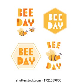 
Bee day set with honeybee and text. Yellow and orange stickers collection with hexagon background or honeycomb. Funny bee character. May 20.