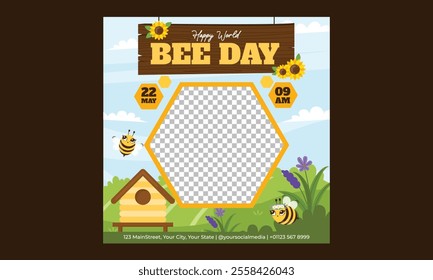 Bee Day Socials Media. Honeycomb background. Minimalist. Trendy. Vector Illustration. Editable with copy space. For posters, cards, covers, leaflets, flyers, brochures, documents.