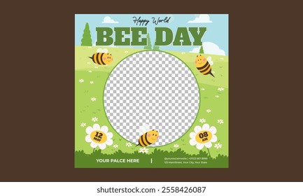 Bee Day Socials Media. Honeycomb background. Minimalist. Trendy. Vector Illustration. Editable with copy space. For posters, cards, covers, leaflets, flyers, brochures, documents.