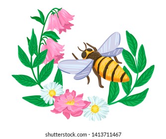 The bee is decorated with flowers around, plants and leaves surround a flying insect. Decorative pattern. Nature in summer, insect life. Vector cartoon flat style illustration.