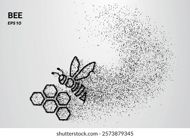 A bee depicted with small circles and dots, with particles swirling around it. Vector illustration.