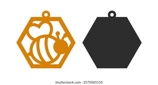 Bee design with  for earrings, pendant or keychain with hexagon shape. Jewelry silhouette laser cut template. Cnc cutting with metal, wood or leather