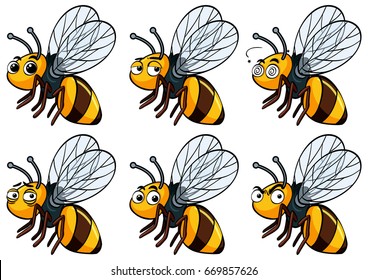 Bee with different facial expressions illustration