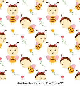 Bee in different poses and flowers on vector seamless pattern. Cute children character. Illustration for print, wallpaper, fabric.