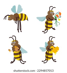 Bee in different poses. Insect in cartoon style.