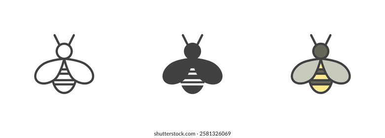 Bee different style icon set. Line, glyph and filled outline colorful version, outline and filled vector sign. Beekeeping symbol, logo illustration. Vector graphics