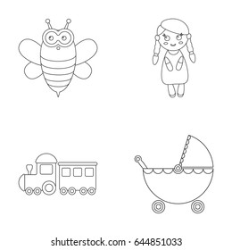 Bee, doll, train, stroller. Toys set collection icons in outline style vector symbol stock illustration web.