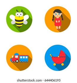 Bee, doll, train, stroller.Toys set collection icons in flat style vector symbol stock illustration web.