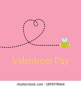 Abeja con una línea de puntos en forma de corazón sobre un fondo rojo. Ilustración vectorial. Día de San Valentín.