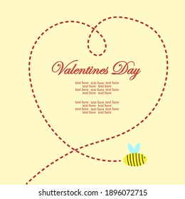 Bee with a dotted line in the shape of a heart on a yellow background. Vector illustration. Valentine's Day.