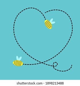 Bee with a dotted line in the shape of a heart on a blue background. Vector illustration. Valentine's Day.
