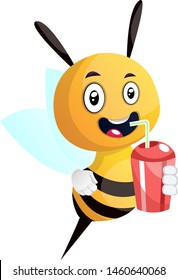 Bee drinking juice, smiling, illustration, vector on white background.