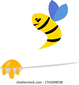 Bee with an eye in the shape of a heart and a spoon of honey. Food and health concept