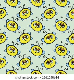 Bee face,seamless pattern on light blue background.