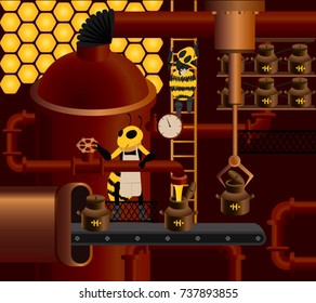 Bee factory. The production of honey. Honey factory vector.