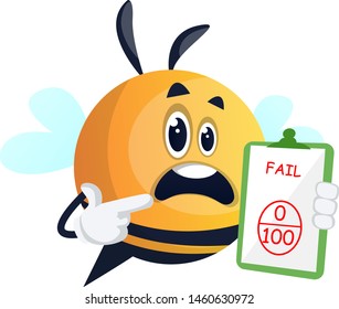 Bee failed the exam, illustration, vector on white background.