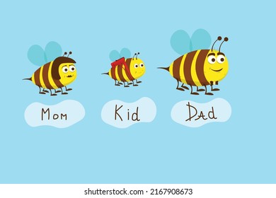 Bee family, cute flying bees isolated on blue background vector flat illustration. Wear fashion print, funny cartoon character.