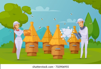 Bee farm apiary honey harvesting cartoon composition poster with beekeepers using smoker and holding honeycombs vector illustration 
