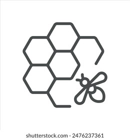 Icono de la granja de abejas. Ilustración de línea simple de una abeja y panales de abejas, simbolizando la apicultura y la producción de miel. Vector sobre fondo blanco.