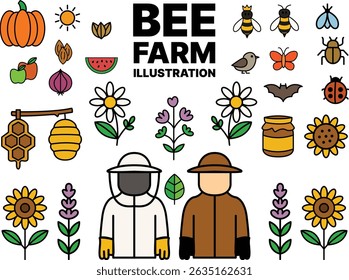 Bee Farm Illustration Pack, A colorful and bold vector illustration pack of a bee farm, featuring bees, hives, flowers, honey jars, and farming scenes in a flat design style. Great for eco projects.