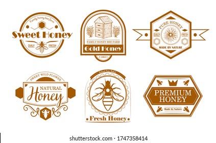Bee farm labels set. Honey production monochrome logos, sign, with letterings. Flat vector illustration for natural honey, farming, beekeeping concepts
