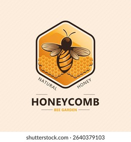 Bee farm logo with the name Honeycomb. The emblem of the company producing sweet and natural honey. Character with flat illustration of bee and honey combs. Vector golden design.