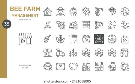 Bee Farm Management Vector Icons Set. Beehive Tools, Beekeeping Equipment, Honey Production, Bee Products, Flowers, and Beehives. Editable Linear Collection.